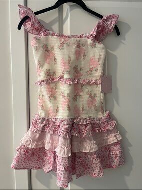 LoveShackFancy Pink and Cream Floral Ruffle Dress